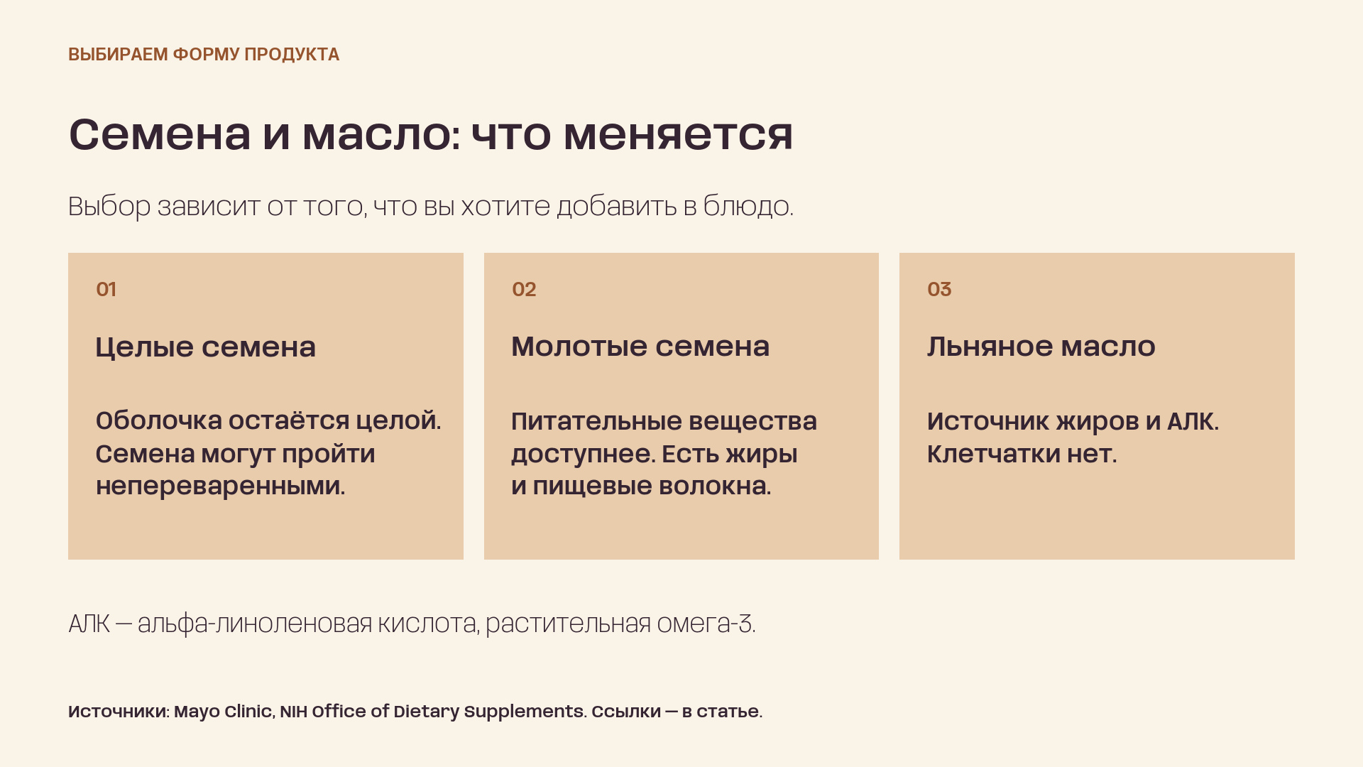 Сравнение целых семян, молотых семян и льняного масла: измельчение повышает доступность питательных веществ, в масле нет клетчатки