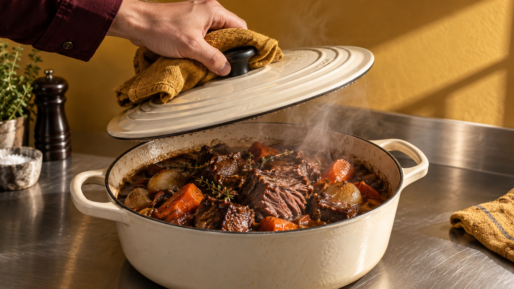 Рука приподнимает крышку кастрюли с тушёным мясом, луком и морковью