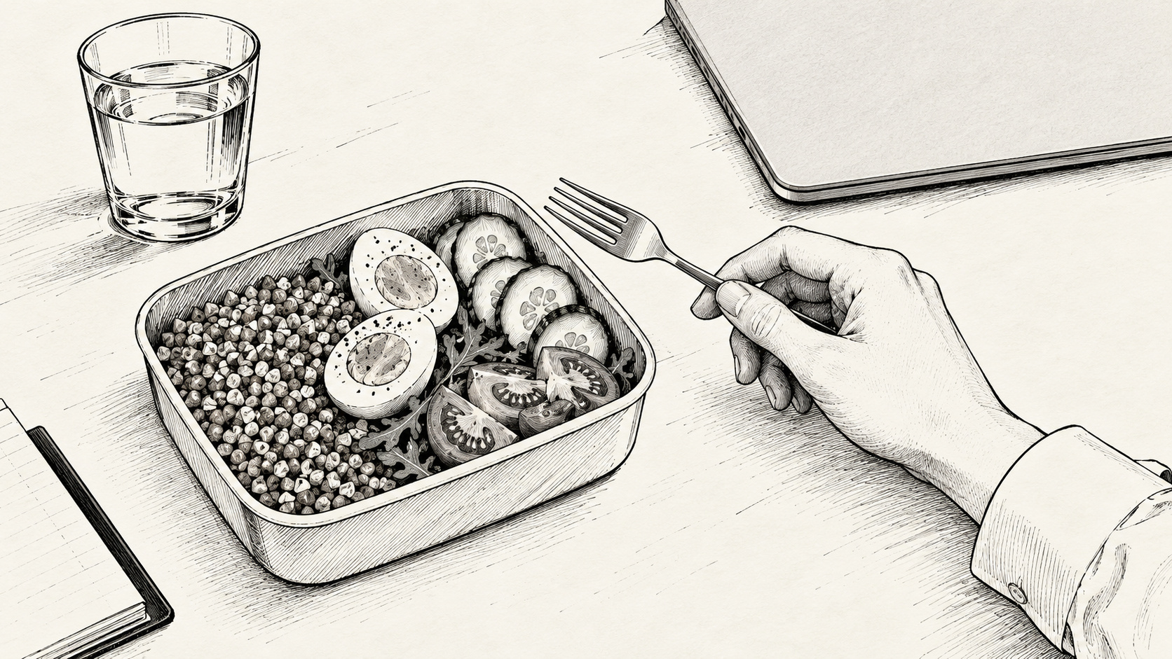 Рисунок контейнера с гречкой, яйцом, огурцами и помидорами; рядом рука с вилкой и закрытый ноутбук